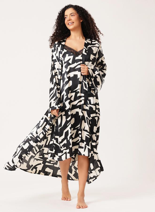 Clovia Women Printed Strappy Night Dress with Robe - Image 1